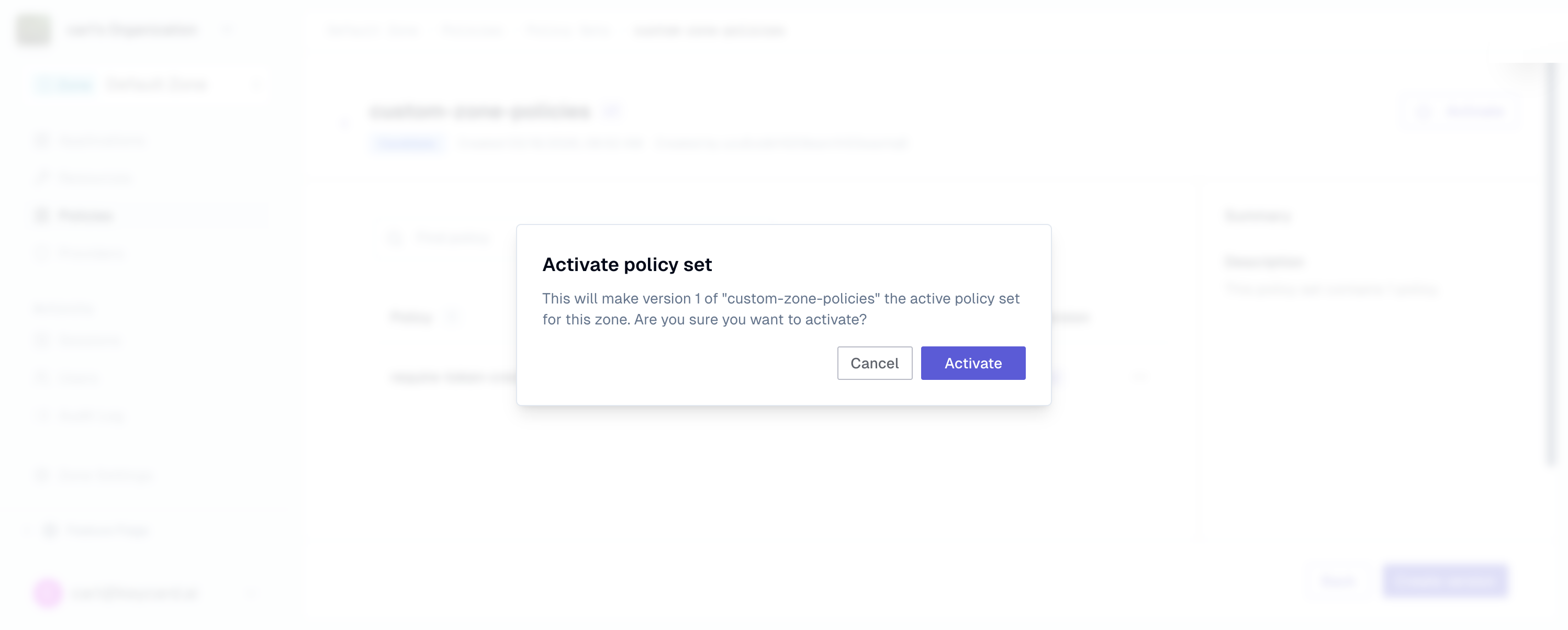Policy set detail page with Activate button and confirmation dialog