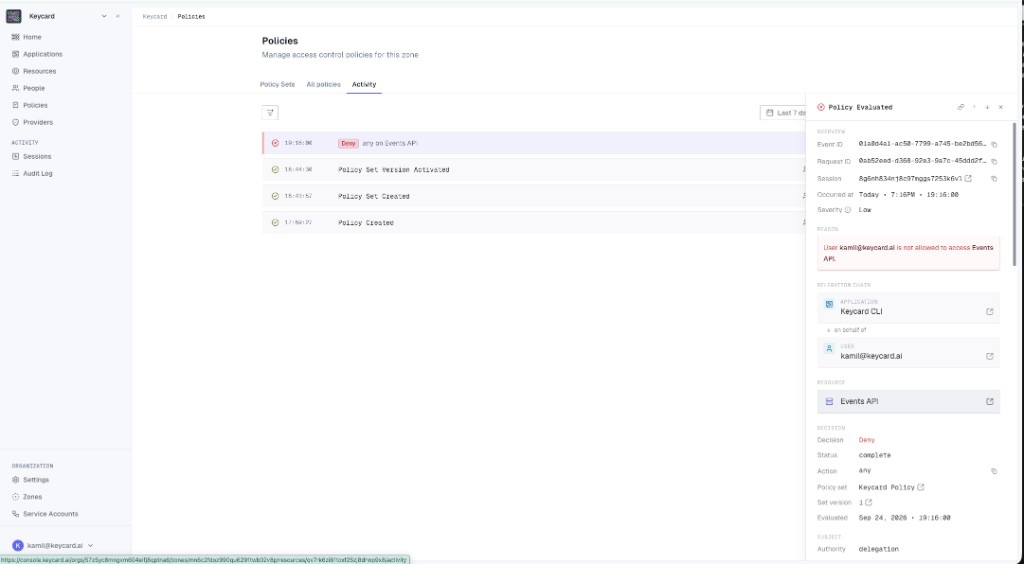 The Activity tab of the Policies page with a denied Policy Evaluated event open, showing the delegation chain, the Resource, and the decision