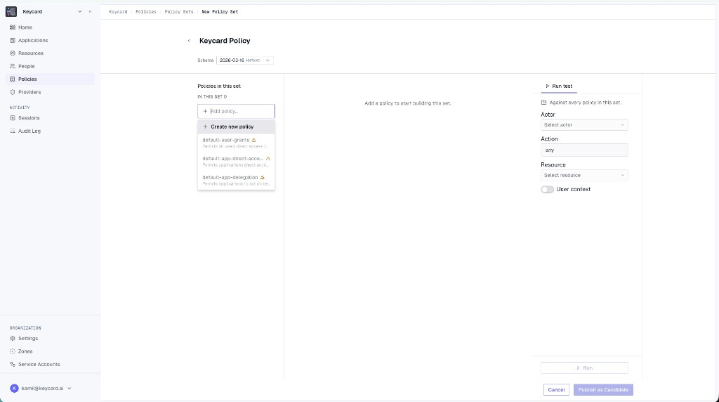 The Add policy menu offering Create new policy and the three managed default Policies