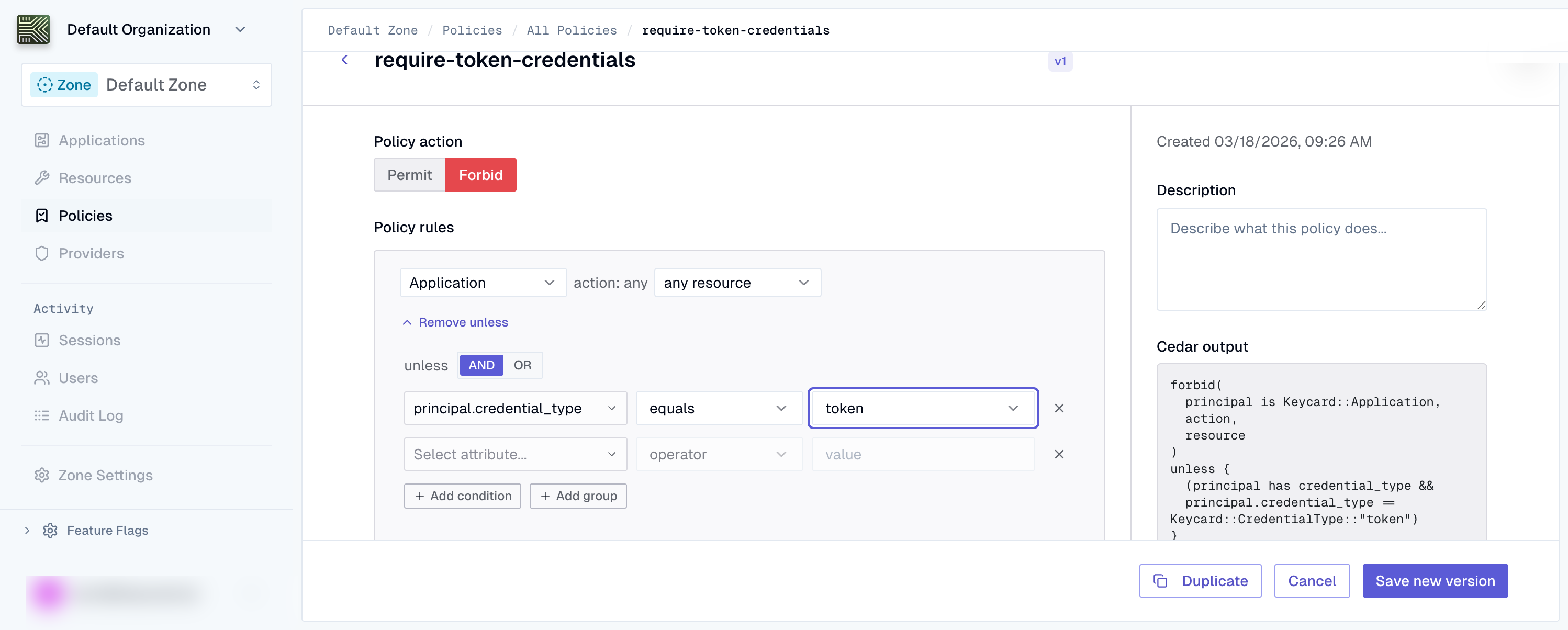 Policy form with rule builder and Cedar preview sidebar