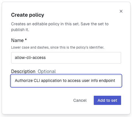 The Create policy dialog with the name allow-cli-access and a description