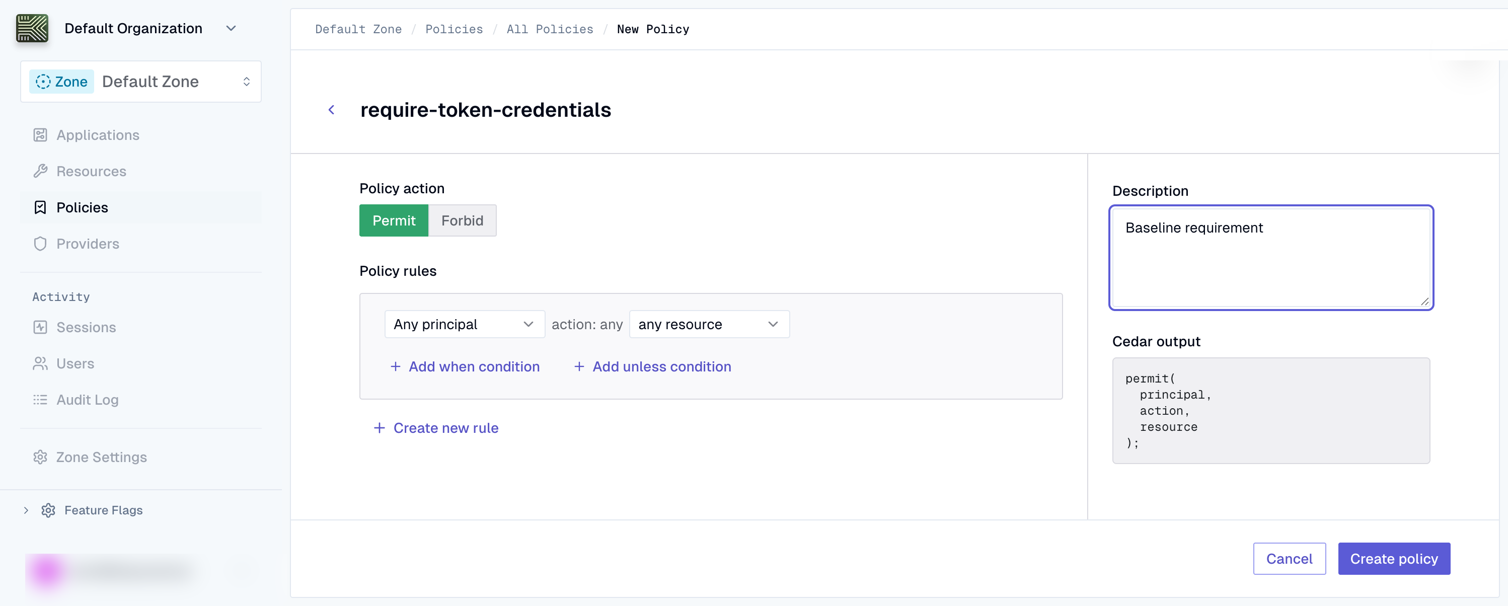 New policy form with name and description inputs