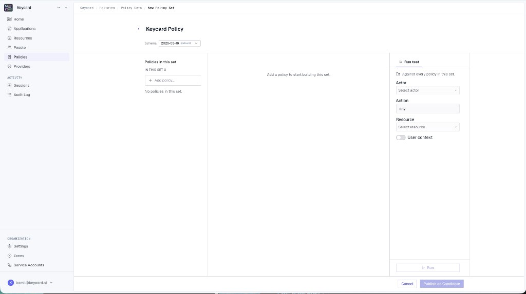 An empty new Policy Set in the editor, with the Policy list on the left and the Run test panel on the right