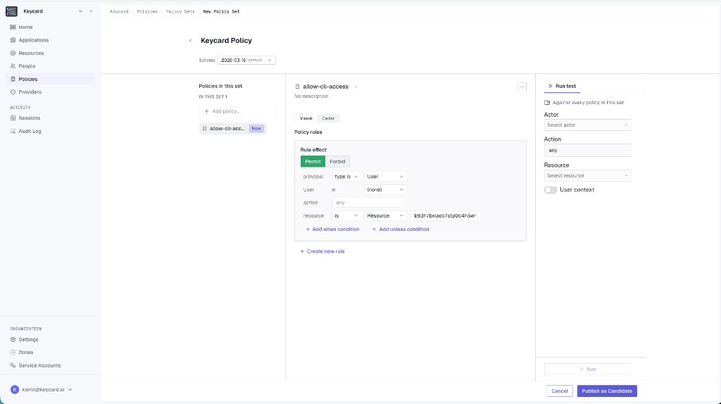 The policy editor in Visual mode with a single Permit rule for any User on the UserInfo Resource