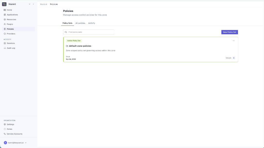 The Policy Sets tab showing default-zone-policies as the active Policy Set