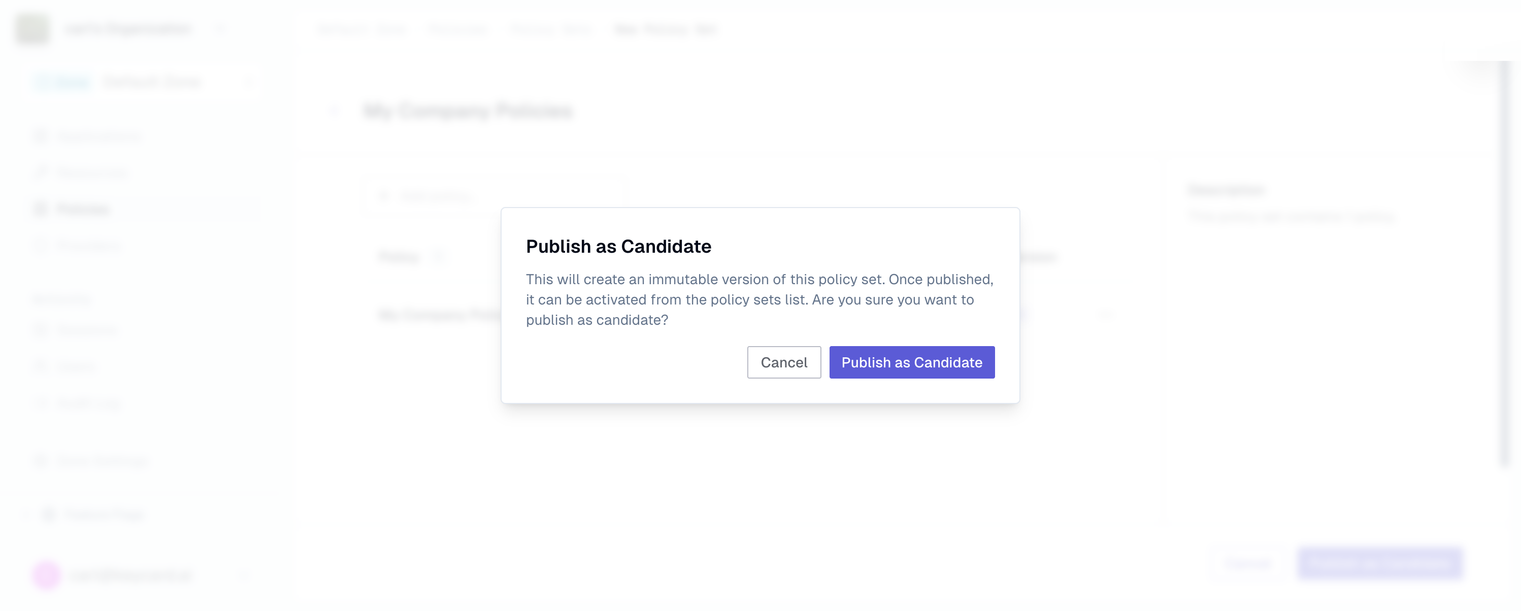 Publish confirmation dialog for a new policy set version