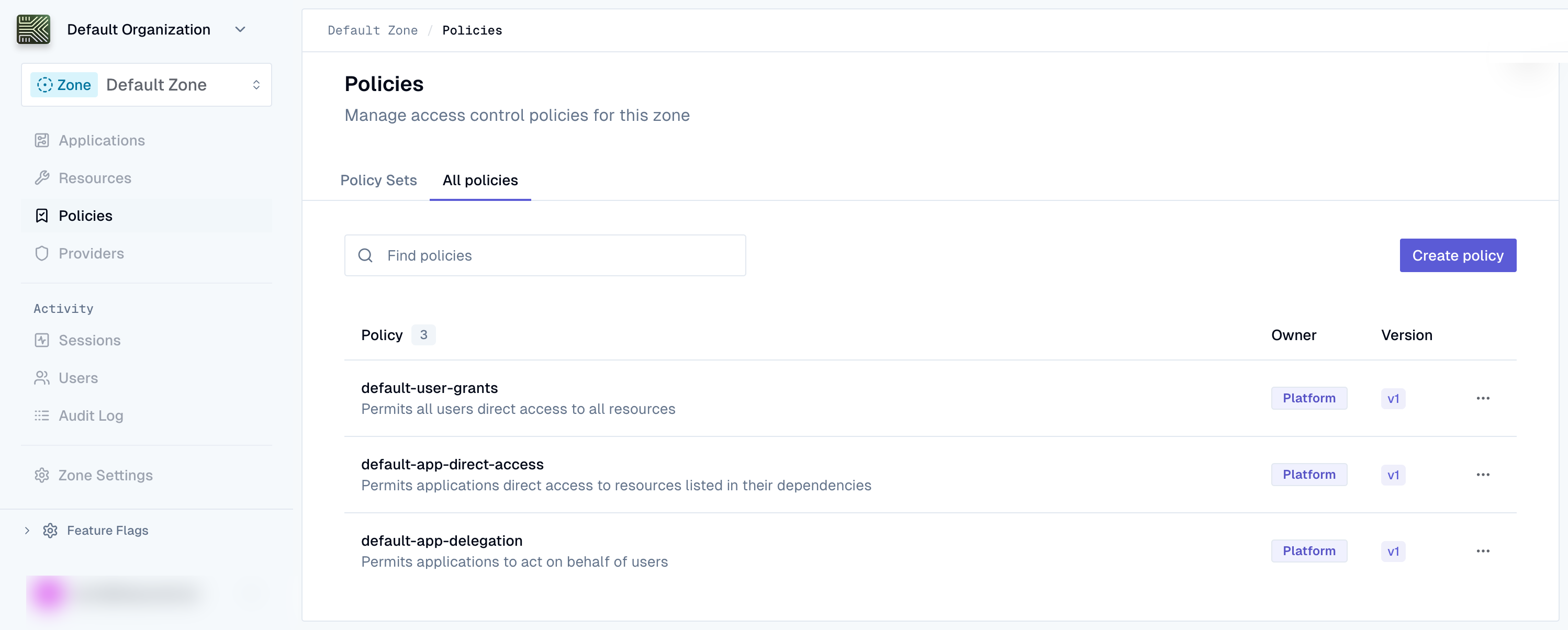 Policies page in the Keycard Console