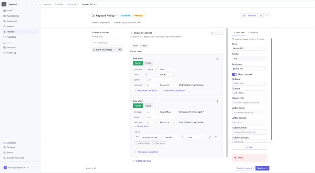 The Run test panel with Keycard CLI as the actor and Events API as the Resource, returning Deny with no determining policies