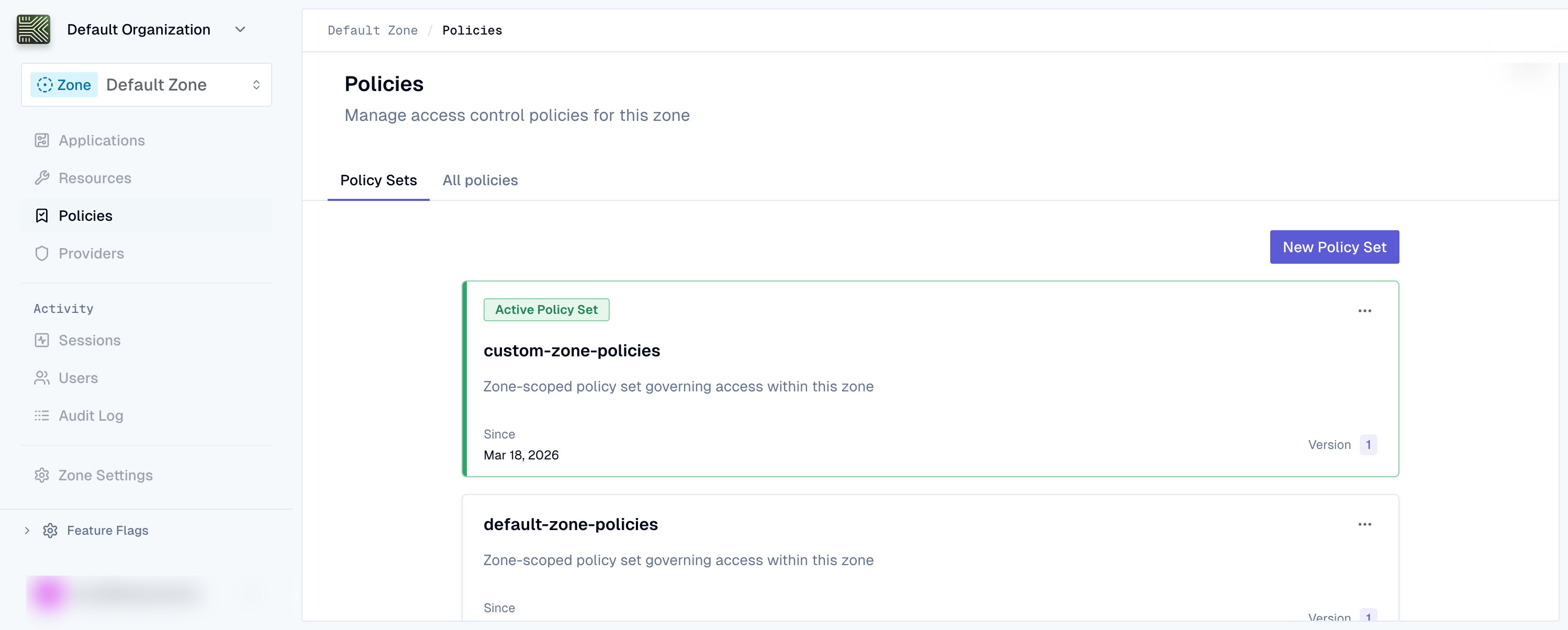 Policy sets list showing the active policy set with green accent