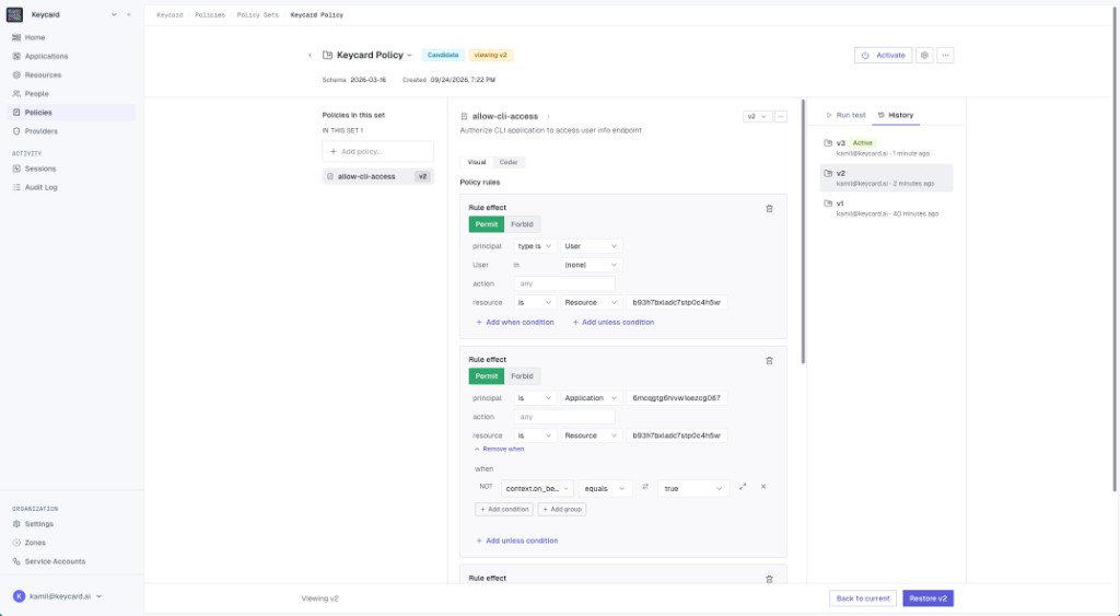 A Policy Set with the History tab open, previewing version 2 while version 3 is active, with Back to current and Restore v2 buttons in the footer