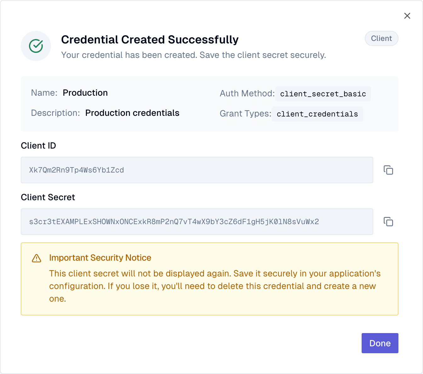 The Credential Created Successfully dialog, showing the client ID and client secret with a notice that the secret is not displayed again
