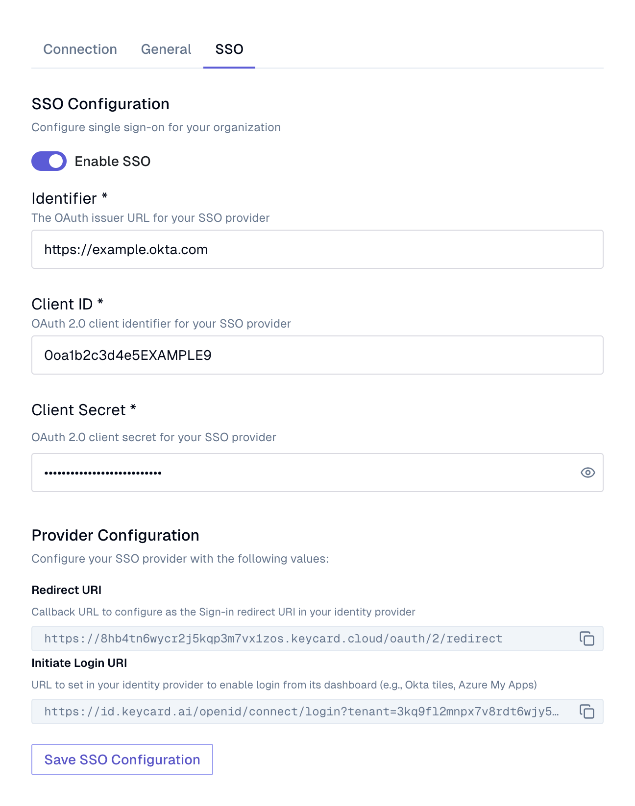 Settings SSO tab: Enable SSO toggle, Identifier, Client ID, Client Secret, and Provider Configuration