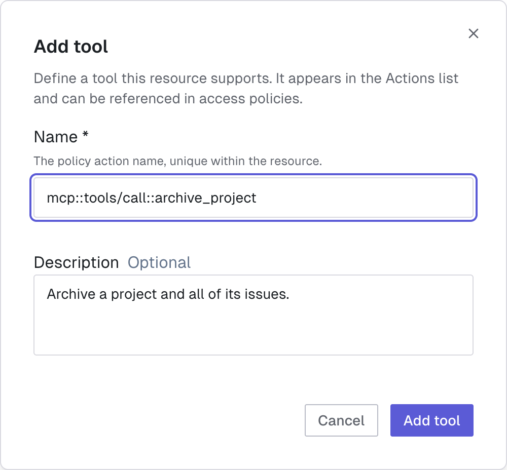 The Add tool dialog, with the fully qualified policy action name entered in the Name field