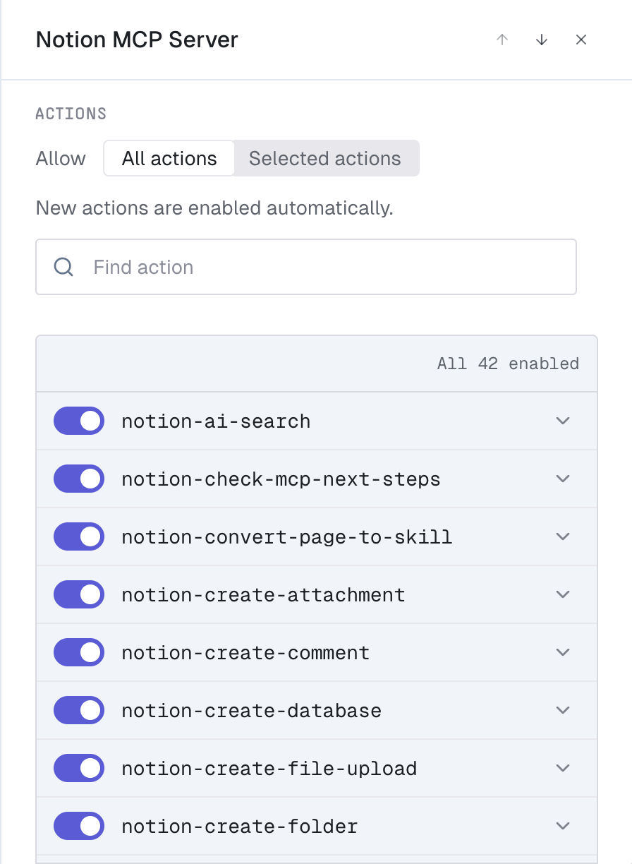 A gateway's actions panel for an attached MCP server, set to allow all actions