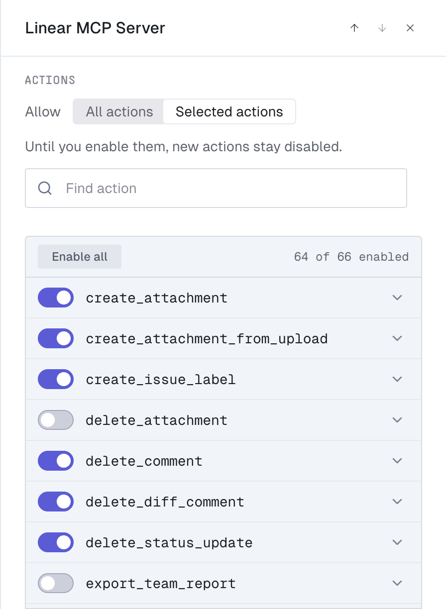 A gateway's actions panel set to selected actions, with one tool switched off