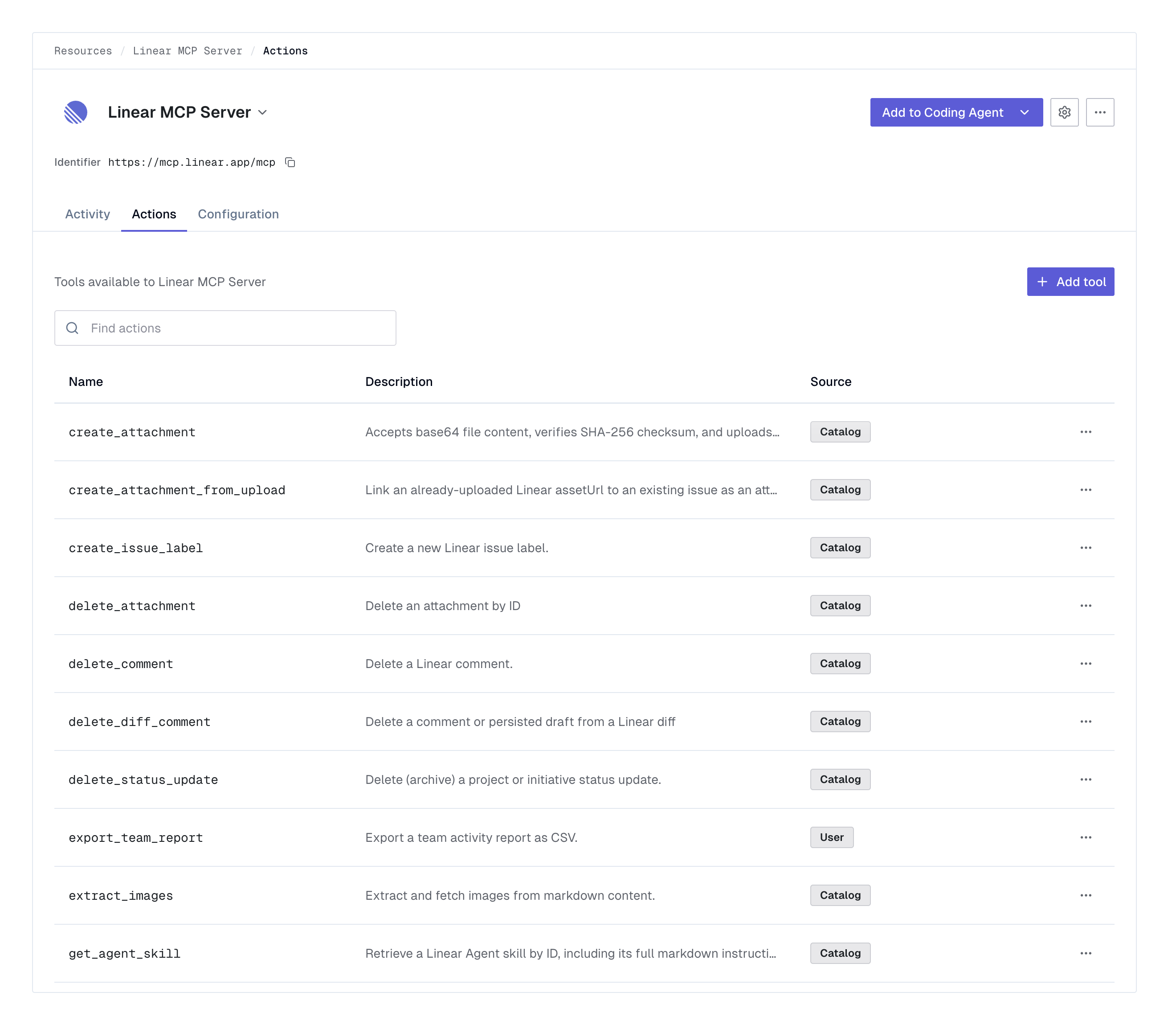 The Actions tab of an MCP server Resource, listing tool names, descriptions, and their source